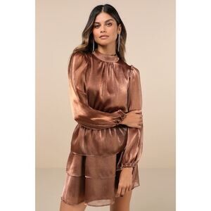 Lulus Ideal Behavior Bronze Metallic Backless Tiered Mini Dress Brown - Size M